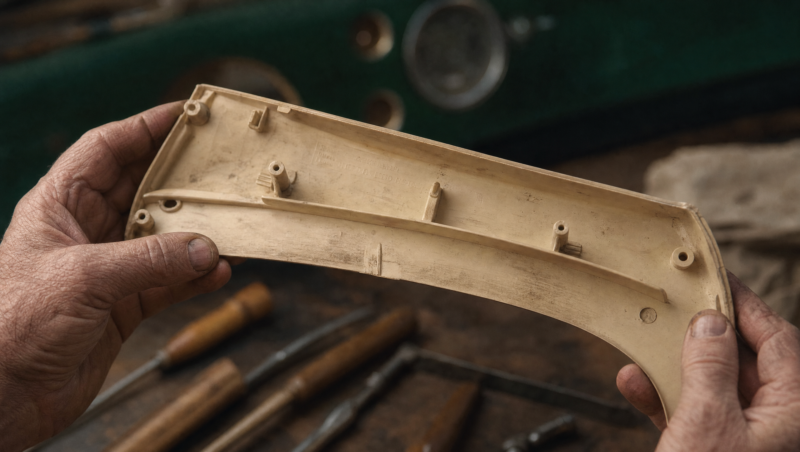 Hands holding an aged classic car interior trim piece turned over to show its moulded part-number side, workshop bench behind