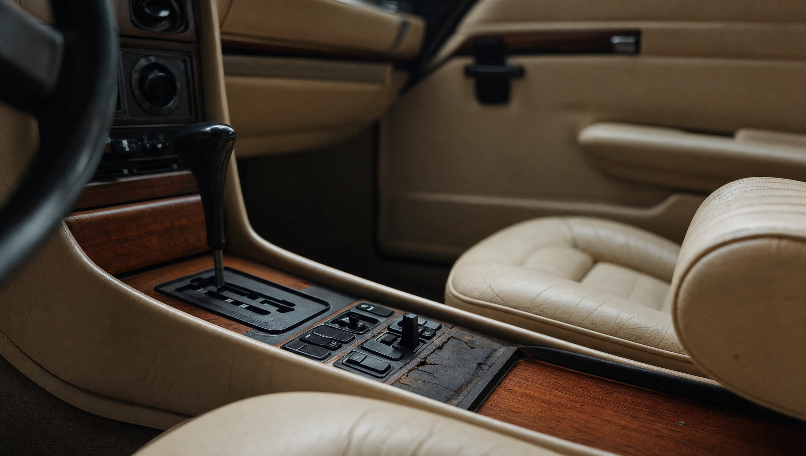 Cream leather and wood interior of a classic Mercedes with an aged centre console switch surround