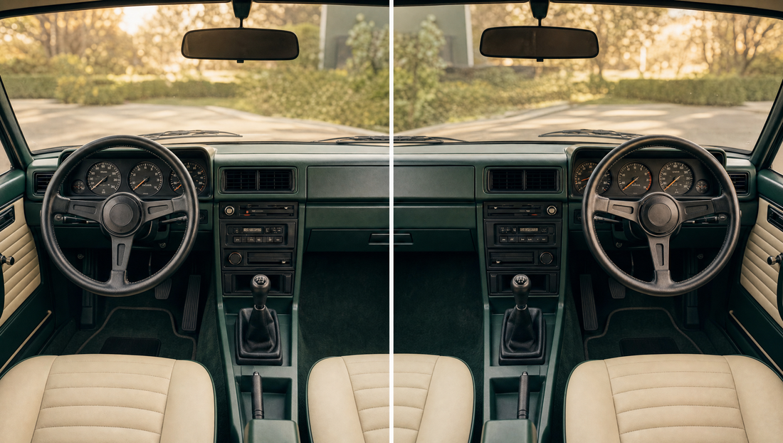 Left-hand-drive and right-hand-drive classic car dashboards shown side by side in a mirrored composition