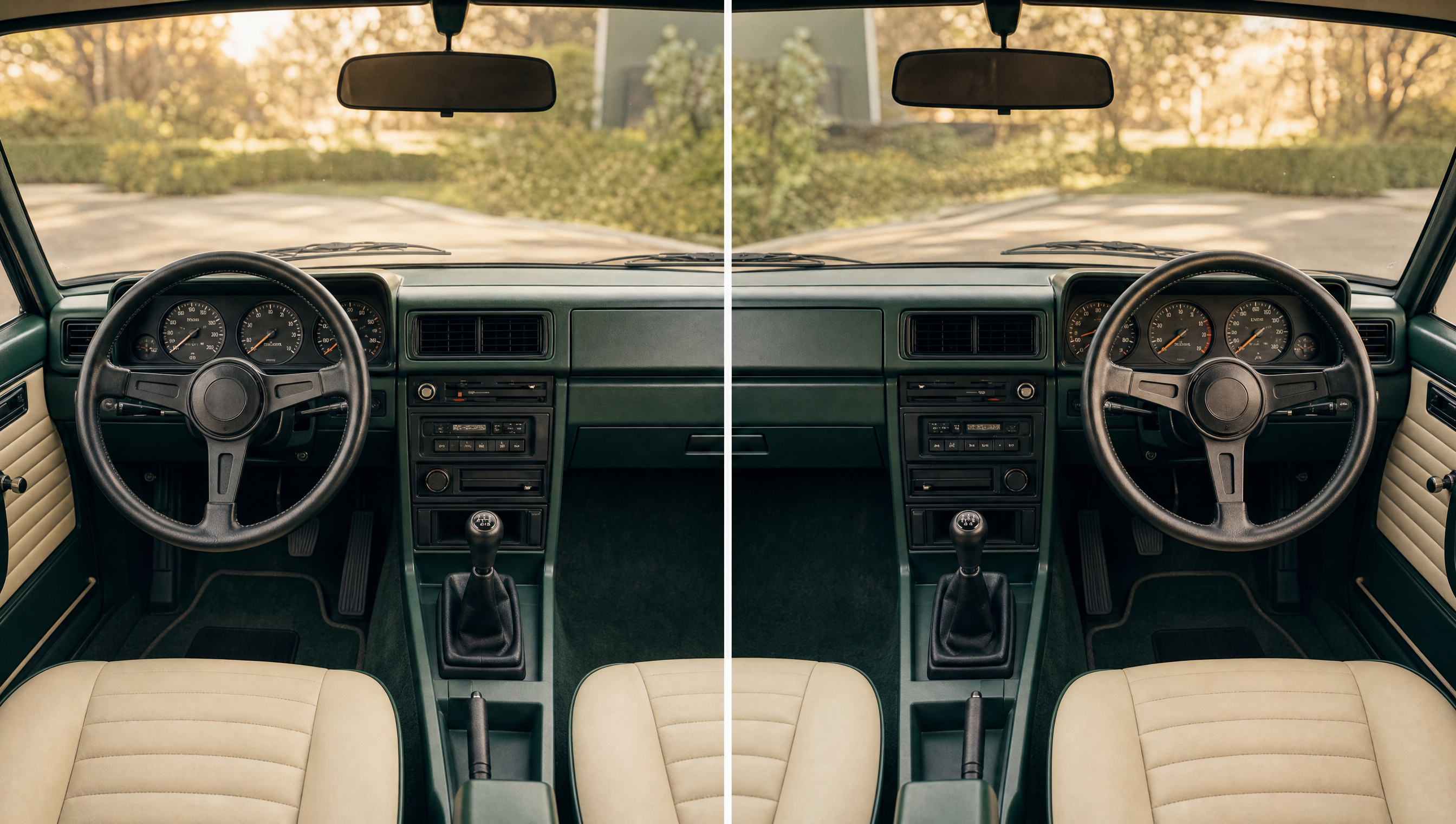Left-hand-drive and right-hand-drive classic car dashboards shown side by side in a mirrored composition