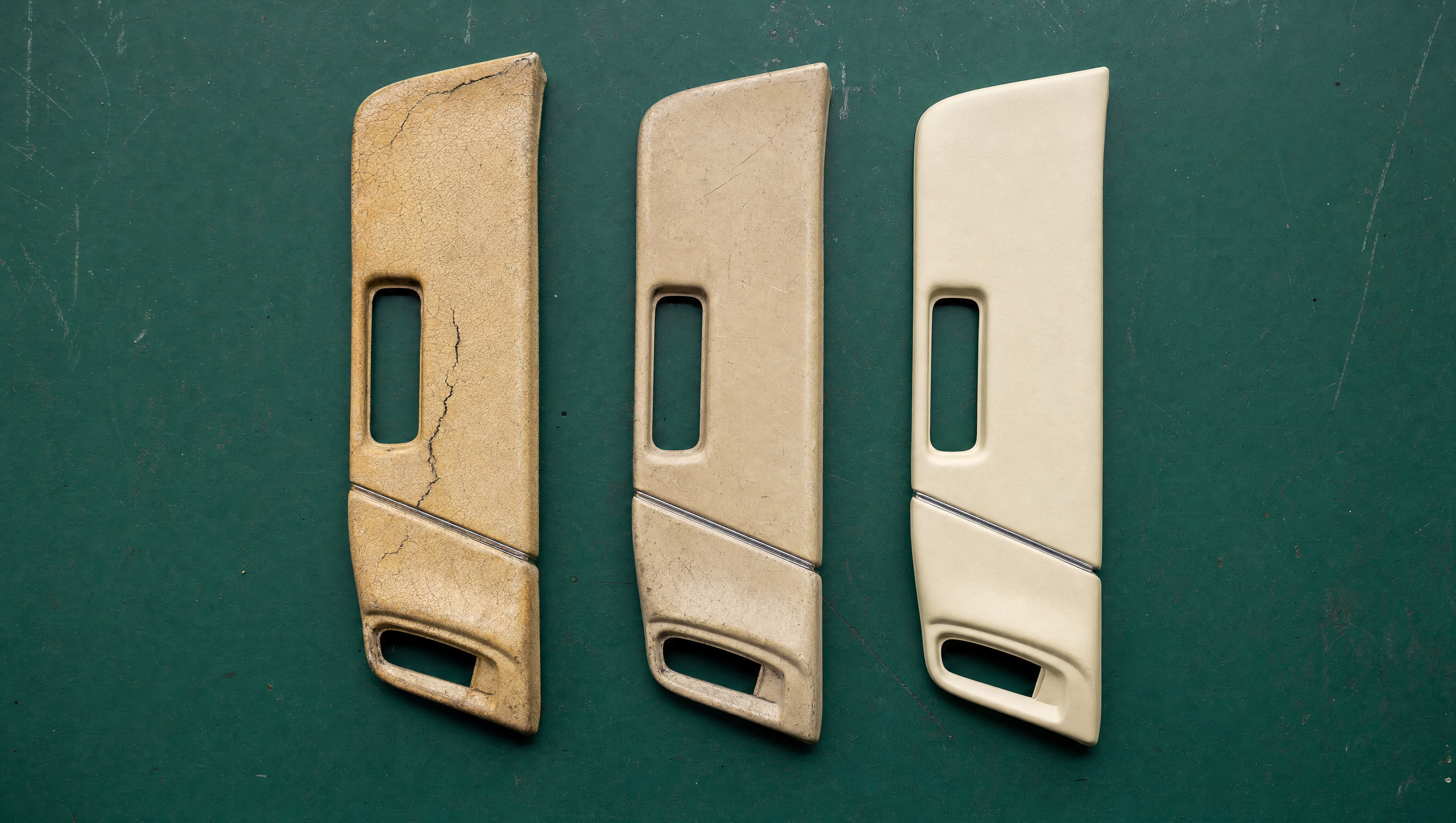 Aged, worn and brand-new reproduction versions of the same classic car trim part laid side by side on a green workbench mat