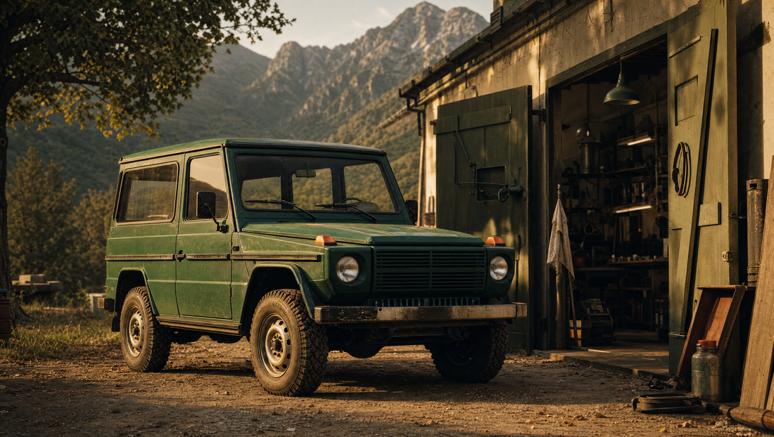 Classic Mercedes G-Class style off-roader in deep green outside a restoration workshop at golden hour