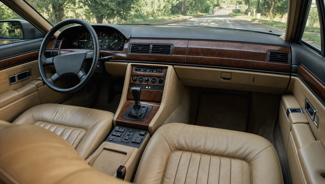 1980s luxury saloon interior with wood trim and beige leather