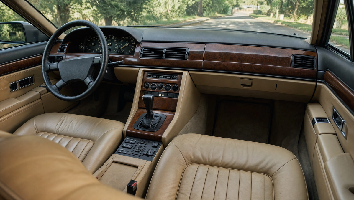 1980s luxury saloon interior with wood trim and beige leather