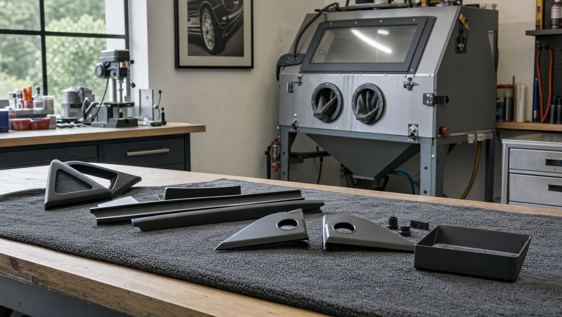 Reproduction trim parts on a workbench beside finishing equipment