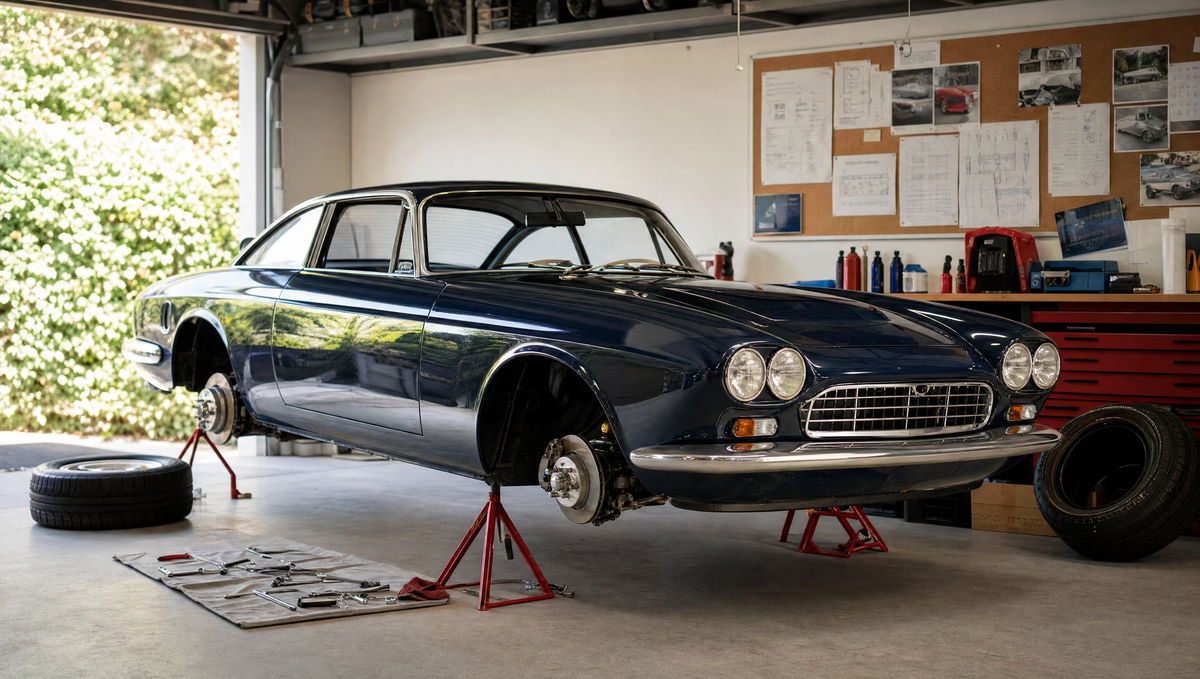 Classic coupe on axle stands in a home workshop during restoration