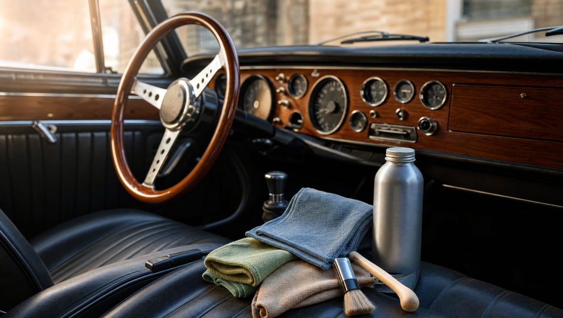 Cleaning cloths and brush on a classic car seat beside a wood dashboard