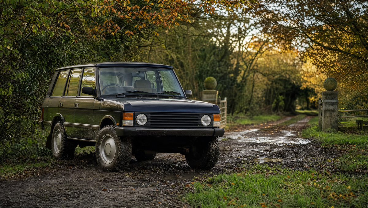 Classic boxy four-by-four on a muddy country lane in autumn