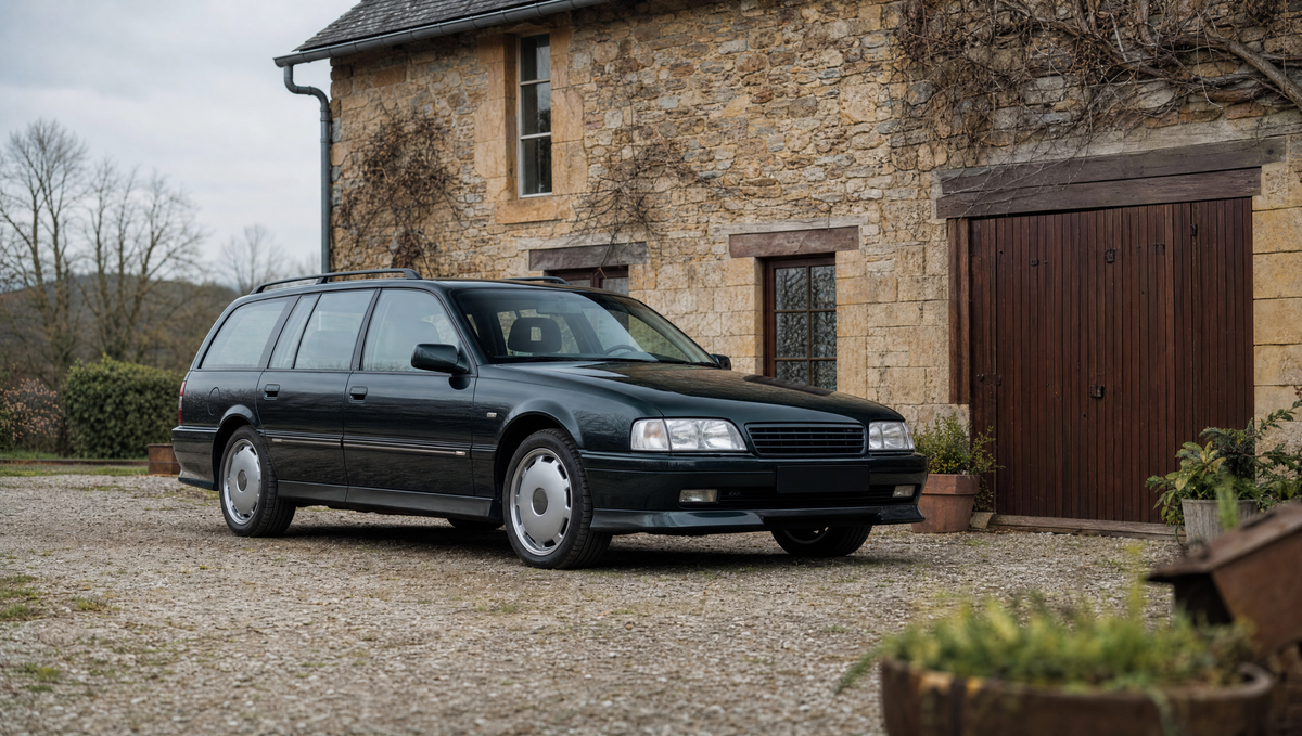 Classic 1980s estate car parked outside a stone house