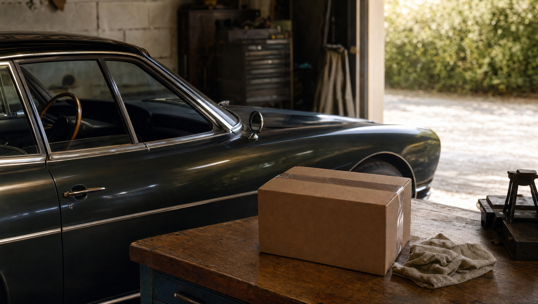 Parcel on a garage bench beside a classic car