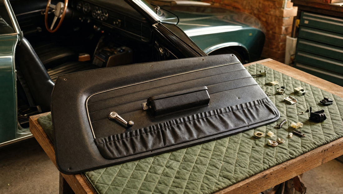 Classic car door card laid on a workbench during interior restoration
