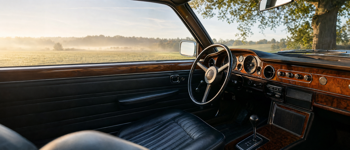 Classic car interior with wood veneer dashboard and leather seat