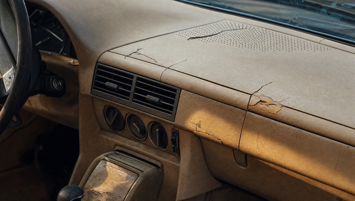 Sun-faded classic car dashboard with cracked plastic