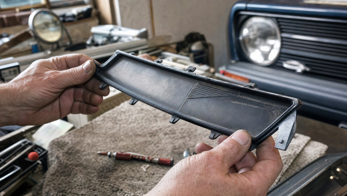 Hands holding an old interior trim part to read the moulded part number