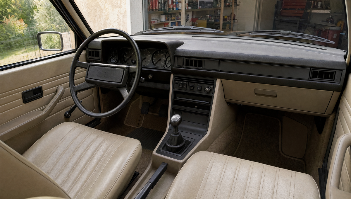 Late-1970s saloon interior with vinyl seats and an upright dashboard