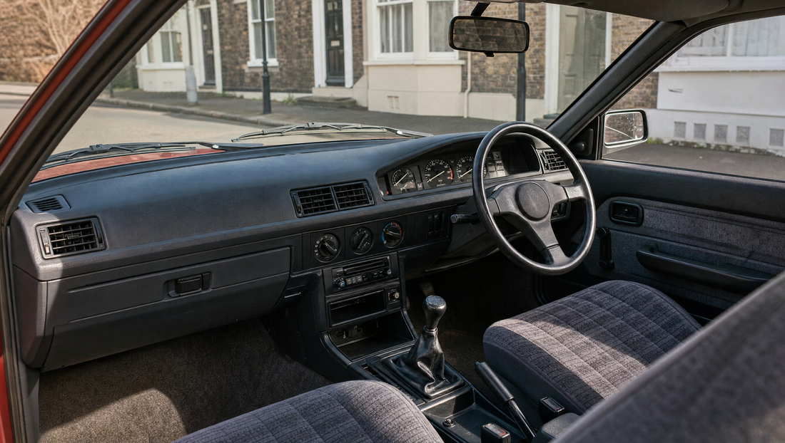 Interior of a compact 1980s saloon with a dark dashboard