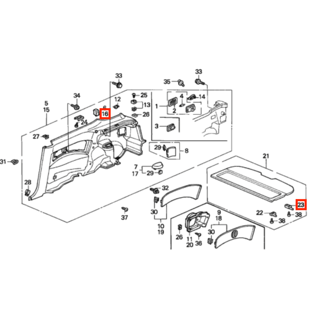 Honda Civic Ek Hatchback Parcel Shelf Cargo Cover Bracket Set of 6 Black (83739SH5003) — view 5