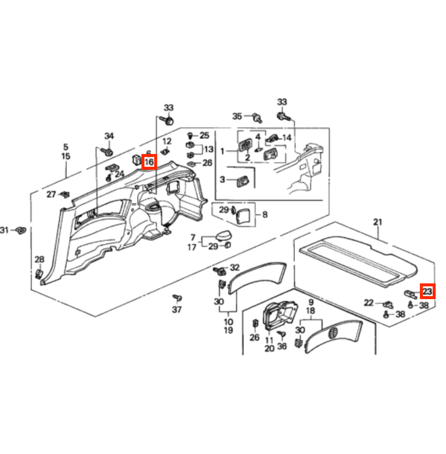 Honda Civic Ek Hatchback Parcel Shelf Cargo Cover Bracket Set of 6 Black (83739SH5003) — view 5