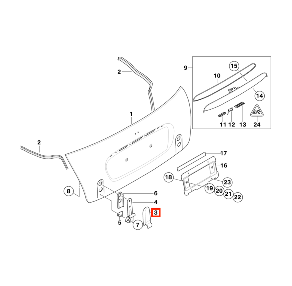 MINI R52 Cooper Convertible Trunk Lid Hinge Cover Primed Left or Right — view 4