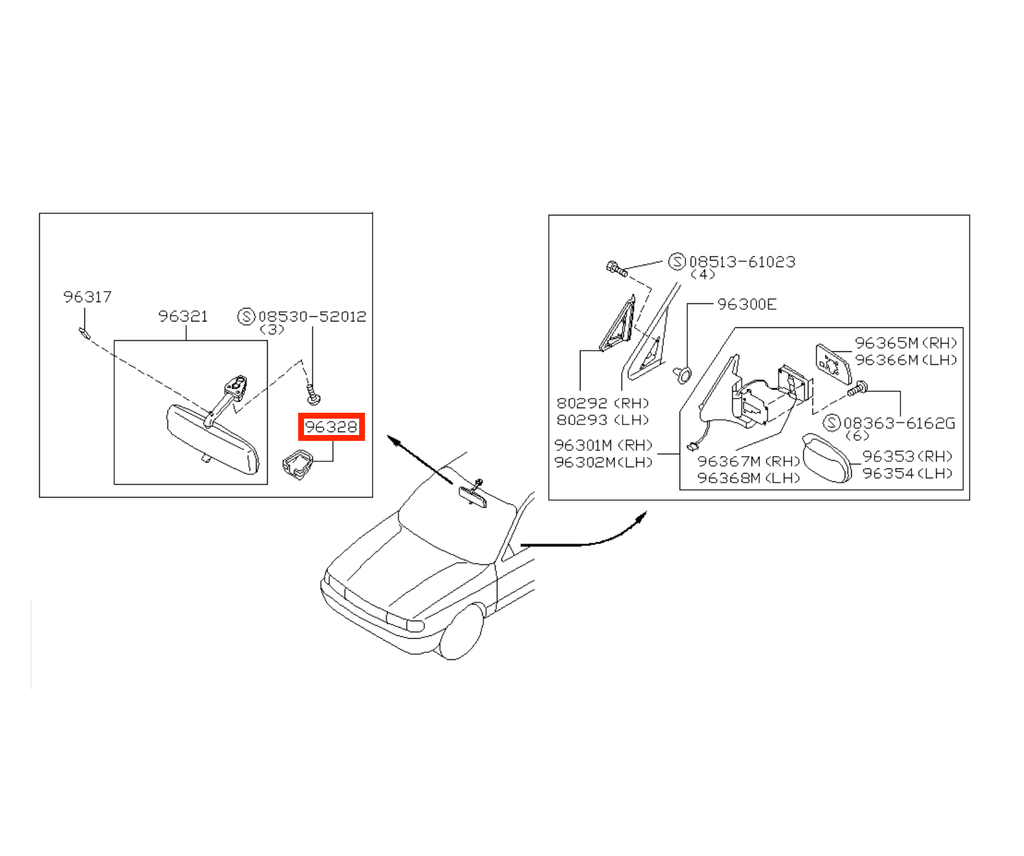 Nissan B13 100NX Rear View Mirror Cover Trim Black or Grey (9632962Y06) — view 5