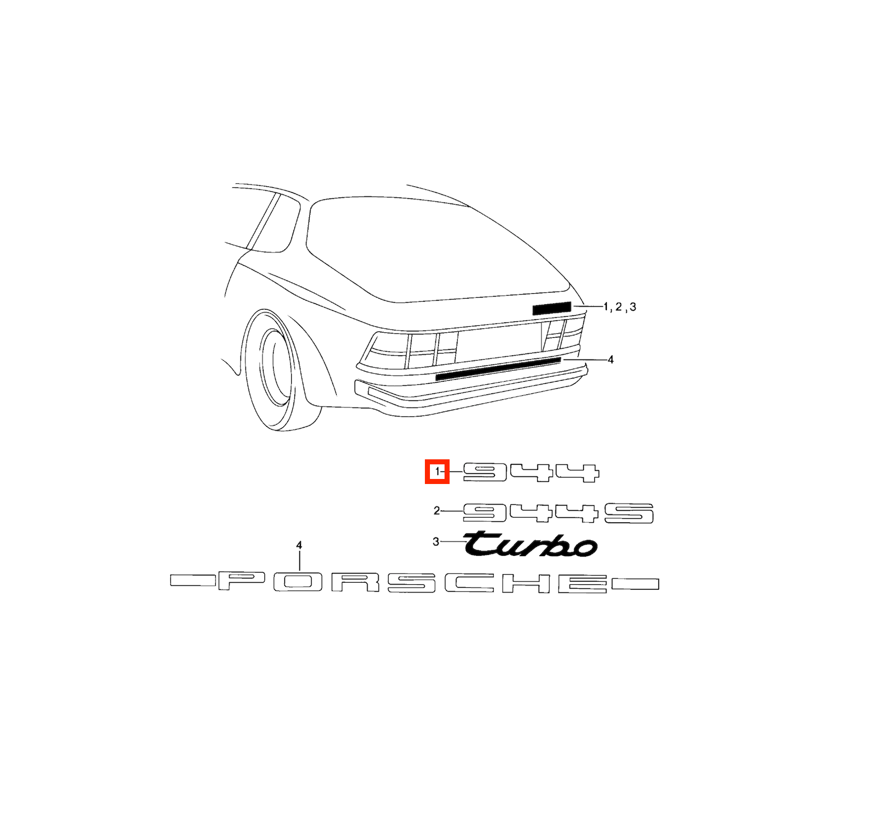 Porsche 944 Rear Model Emblem Badge Black or Primed (94455919300) — view 5