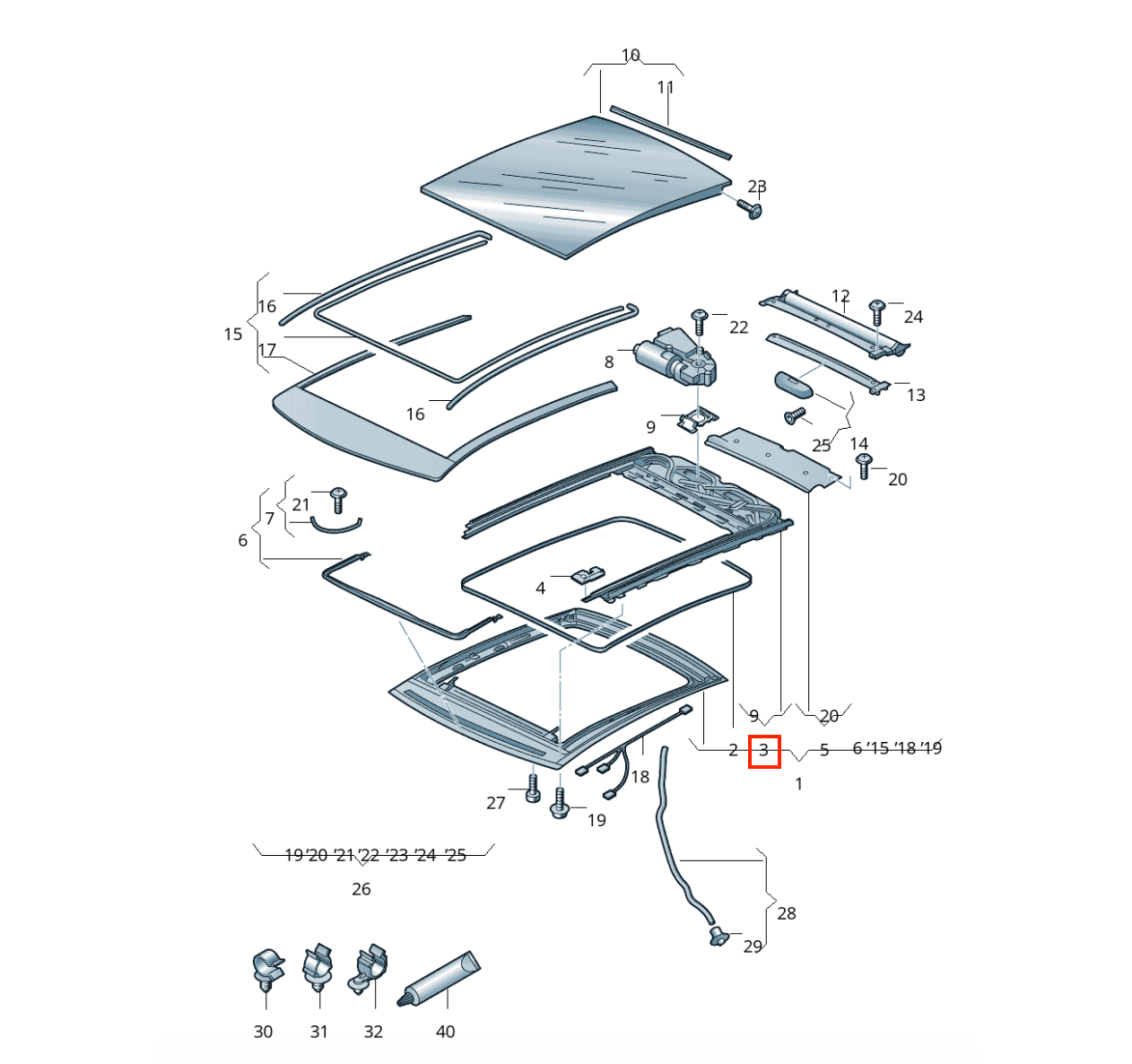 Volkswagen A3 Golf Panoramic Roof Repair Kit (5G6877307B / 8V3877049) — view 3