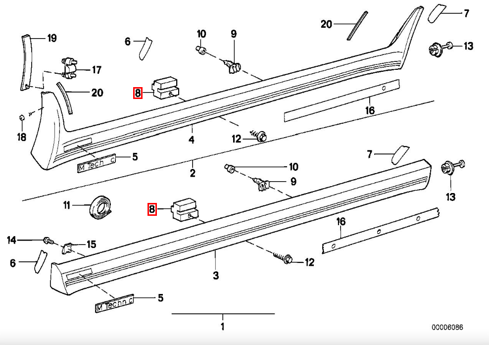 BMW E30 Sideskirt Bottom Clip Set of 8 Black (51711933125) — view 3