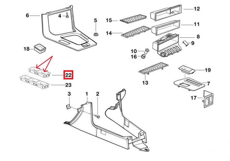 BMW E36 Centre Console Double Switch Button Trim Frame with Blank Covers Complete Set Black (61311387998) — view 4
