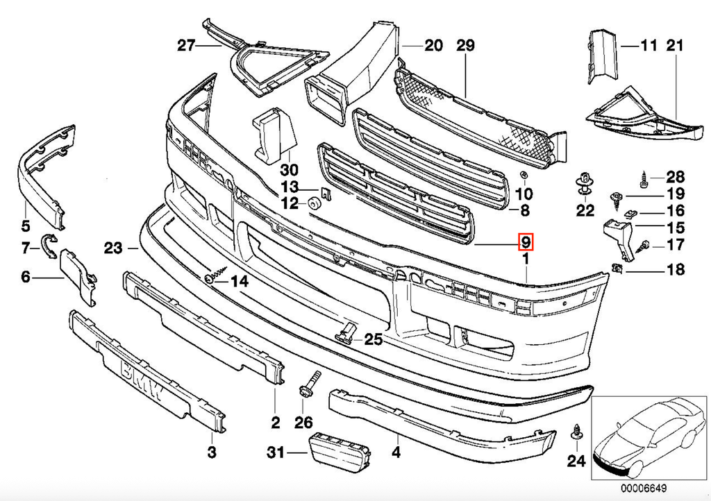 BMW E36 Front Bumper Grille Black (51112233870) — view 4