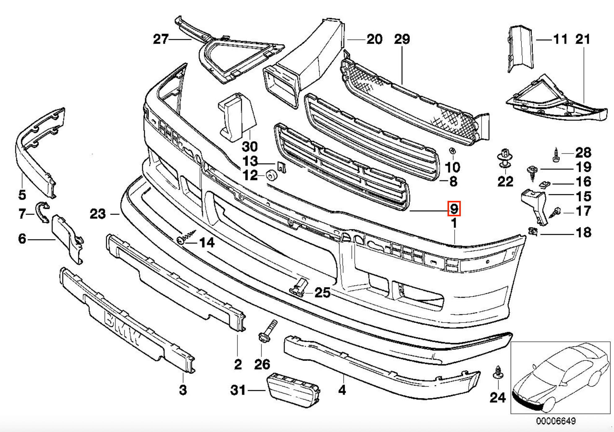 BMW E36 Front Bumper Grille Black (51112233870) — view 4