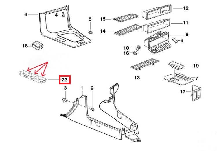 BMW E36 Triple Switch Bezel Frame with Blank Covers Complete Set Black (1387999 / 61311387999) — view 4