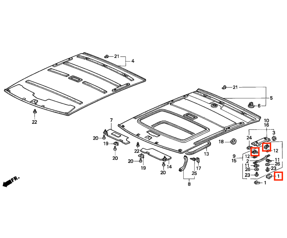 Honda Integra / Civic EG6 Roof Handle Bracket + Cap Set All Colours (71832-SA5-932ZT) — view 6