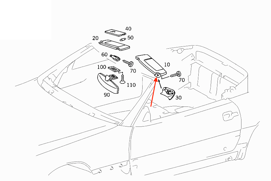 Mercedes-Benz SL R129 / A124 Convertible Sun Visor Holder Bracket Left or Right All Colours (A1298101110 / A1298101210) — view 5
