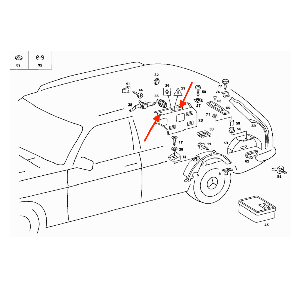 Mercedes-Benz W114 / S123 /W463 First Aid Kit / Triangle Box Cover Handle Chrome Decor Trim Set of 2 (A1236909025) — view 4