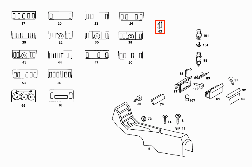 Mercedes-Benz W123 S123 C123 Centre Console Switch Cover Set of 2 Black (A1236831010) — view 4
