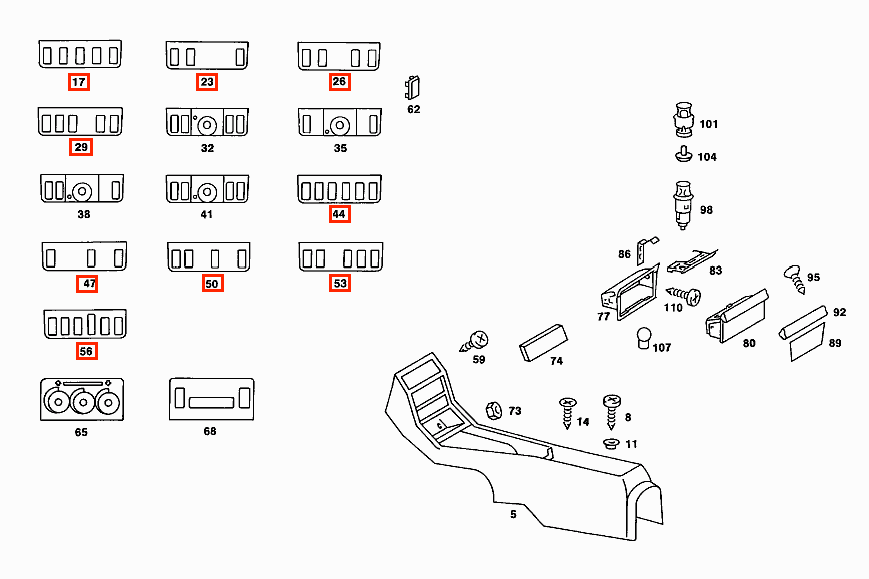 Mercedes-Benz W123 Switch Cover Panel Frame 9 Versions Black (A1236839936) — view 5