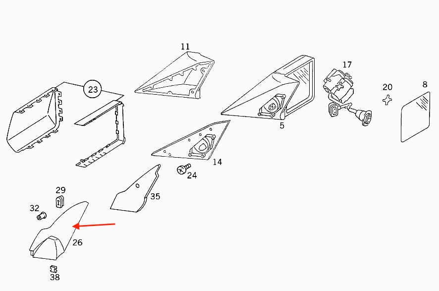 Mercedes-Benz W124 Door Interior Mirror Cover Trim Left or Right (A1247251711 / A1247251811) — view 6