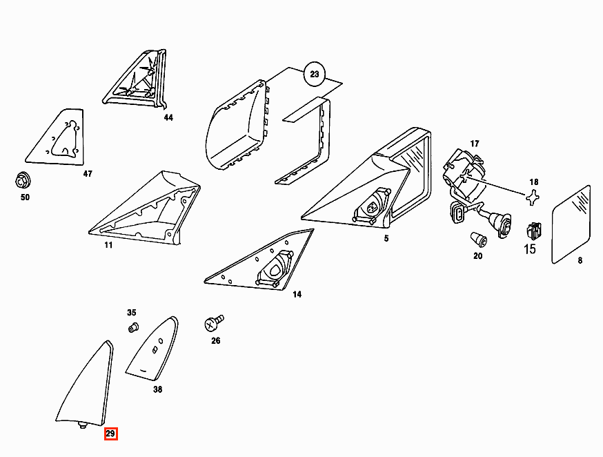 Mercedes-Benz W201 Door Side Mirror Triangle Cover 2 Versions Left or Right Black (A2017250511 / A2017250611 / A2017250711 / A2017250811) — view 2