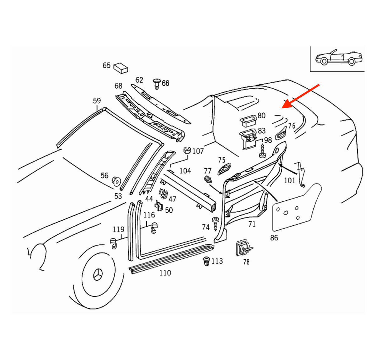Mercedes-Benz W208 CLK Convertible Trunk Lock Cover Trim Primed (A2087580008) — view 4