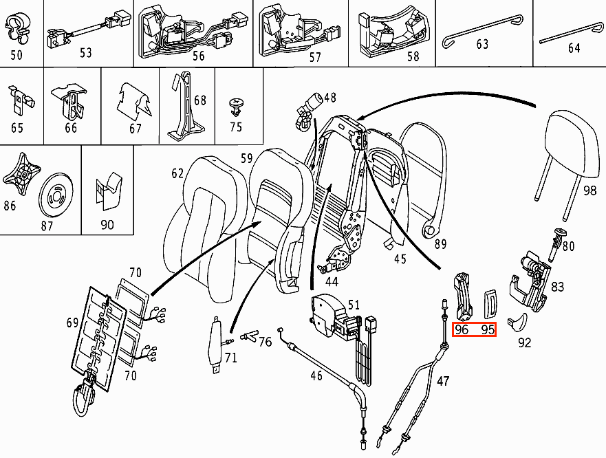 Mercedes-Benz W208 Seat Pull Adjust Bracket & Cover Left or Right All Colours (A2089190116 & A2089190320) — view 4