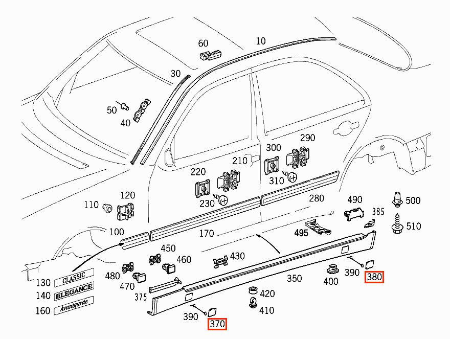 Mercedes-Benz W210 E55 AMG Rocker Panel Jack Pad Covers Set of 4 Primed or Black (A2106980077 / A2106980177 / A2106980277 / A2106980377) — view 5