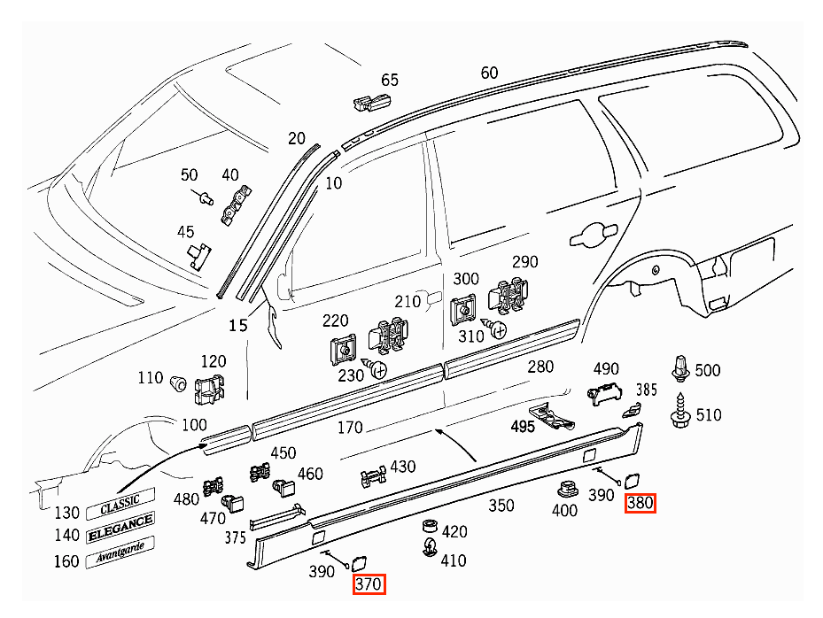 Mercedes-Benz W210 Jack Cover Set of 4 Primed (A2106986730 & A2106986830 & A2106986930 & A2106987030) — view 3