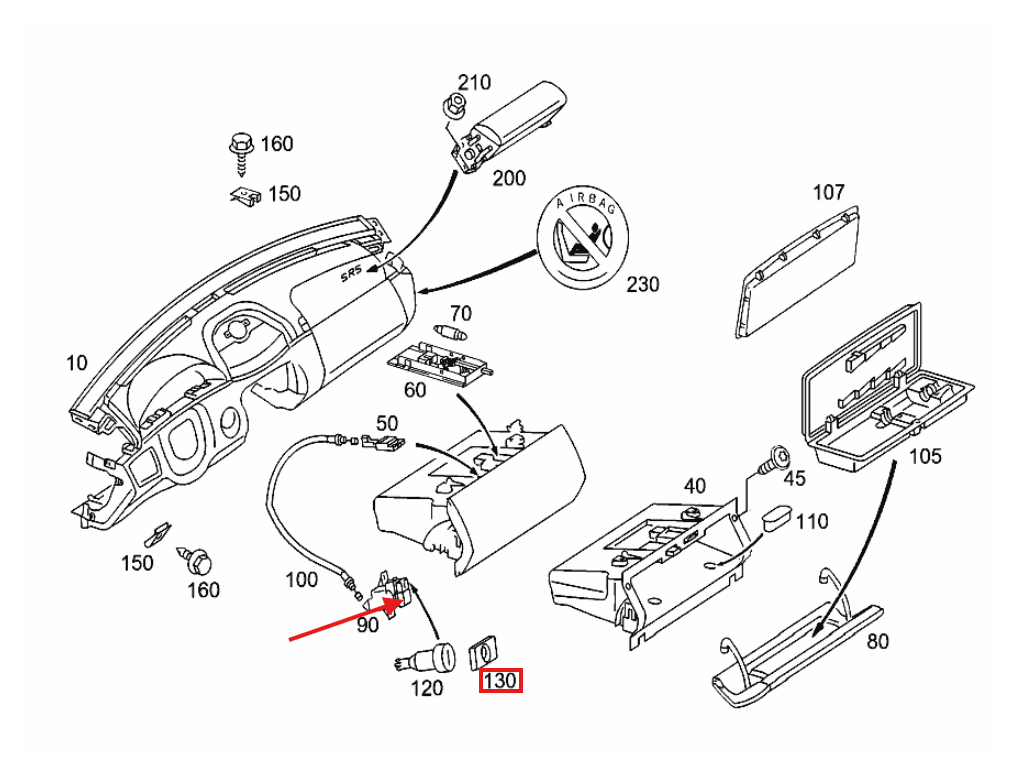 Mercedes-Benz W215 Glove Box Handle Lid Lock Switch Button Covers LHD or RHD All Colours (A2156801184 A2156890730) — view 4