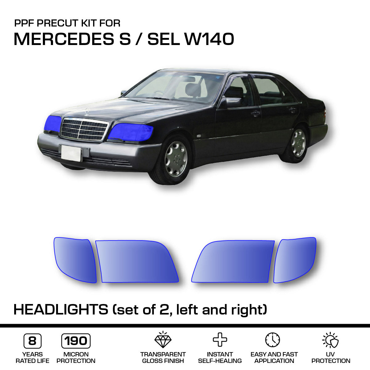 Mercedes-Benz W140 S Sel Headlights – 3m Pro Transparent Ppf Paint Protection Film Precut