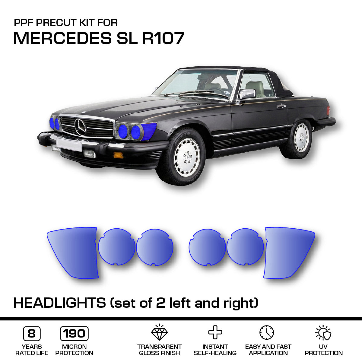 Mercedes-Benz R107 SL Headlights – 3m Pro Transparent PPF Paint Protection Film Precut –