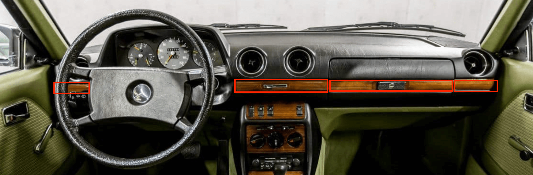 Mercedes-Benz W123 Wood Trim Dashboard Zebrano Set of 4 (A1236801671 / A1236801071) — view 4
