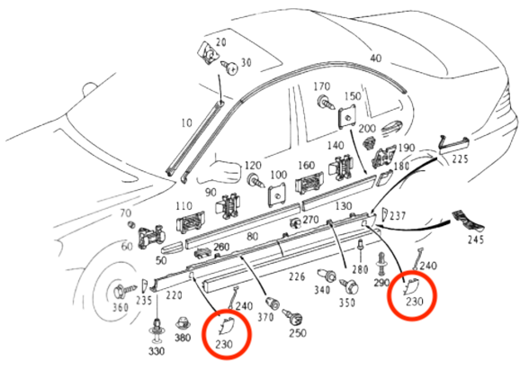Mercedes W140 Jack Point Cover Clip Set | 4-Piece Trim | 1406980330 — view 2
