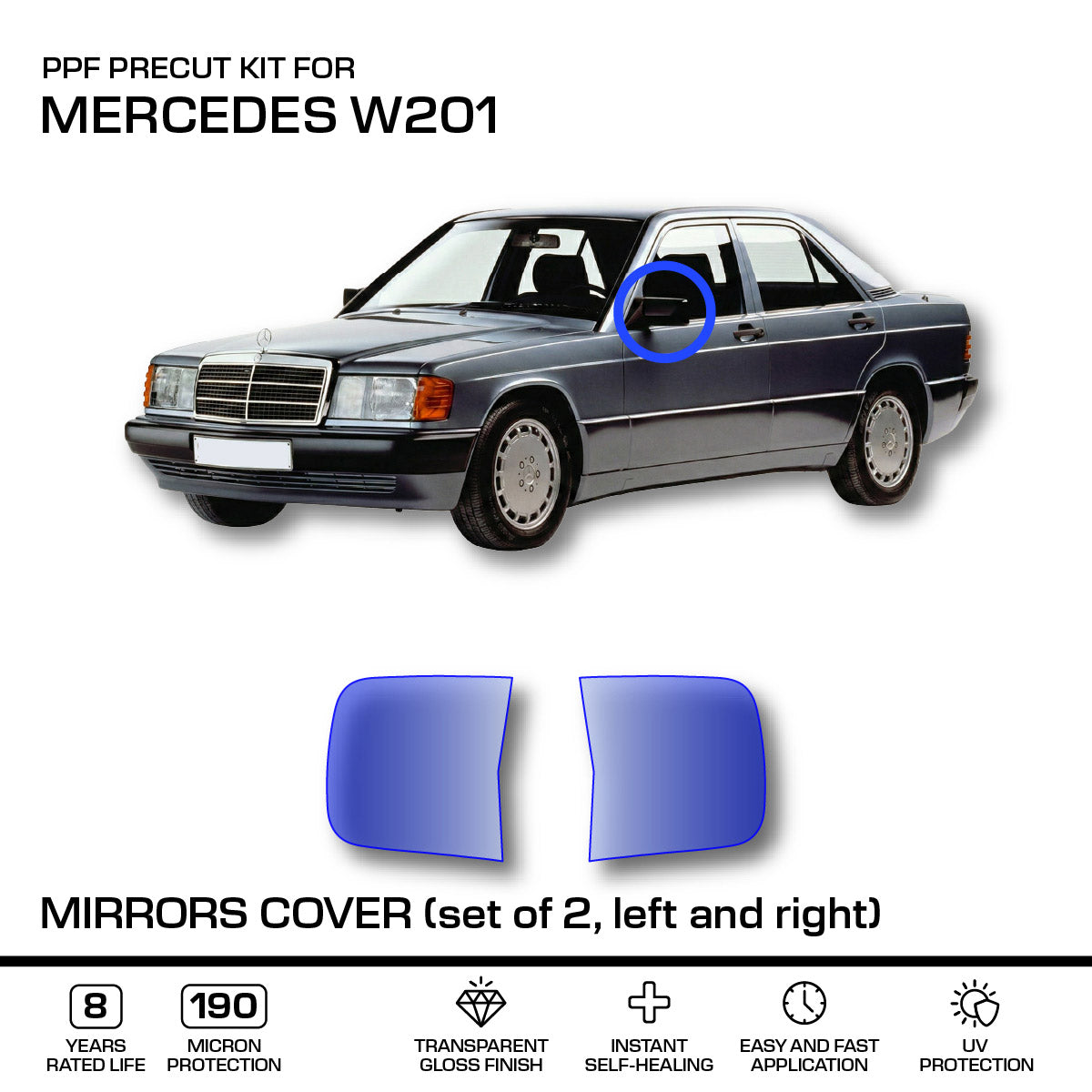 Mercedes-Benz W201 Mirrors Cover – 3m Pro Transparent PPF Paint Protection Film Precut – — view 2