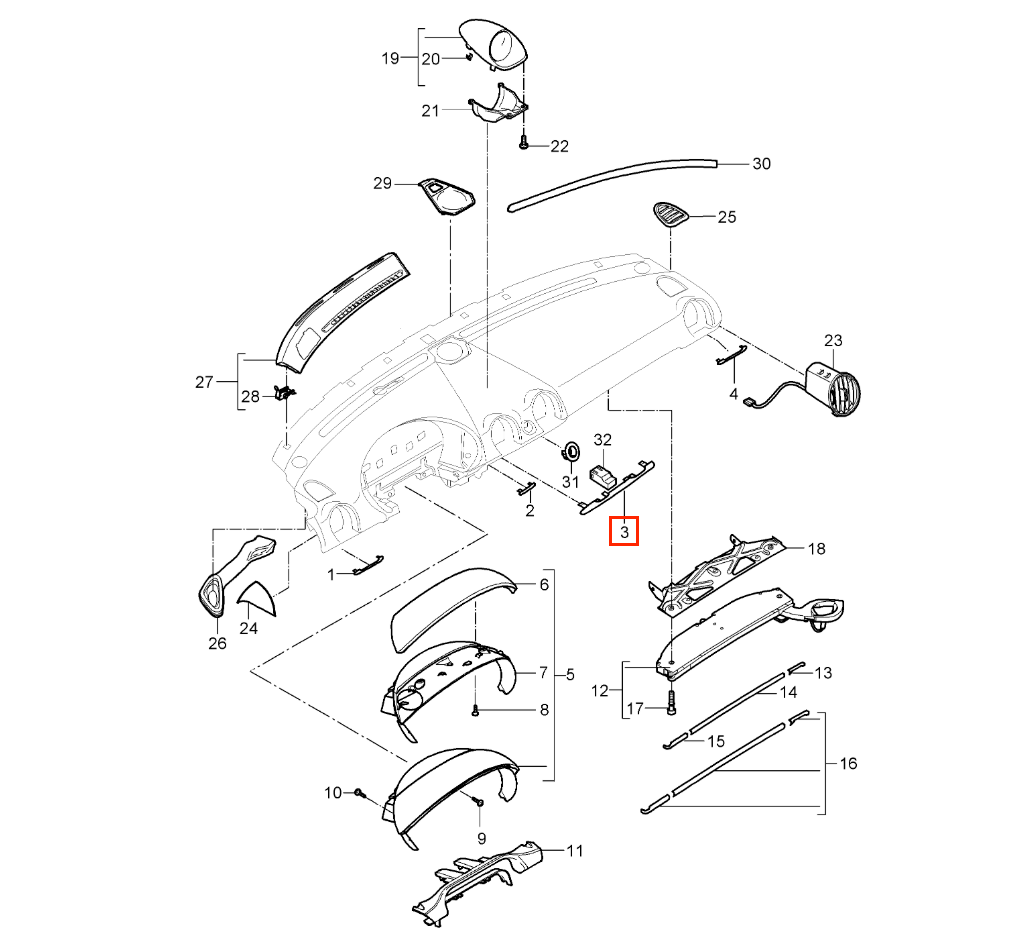 Porsche 987 Boxster / Cayman Dashboard Moulding Trim Cover Black (98755258506) — view 4