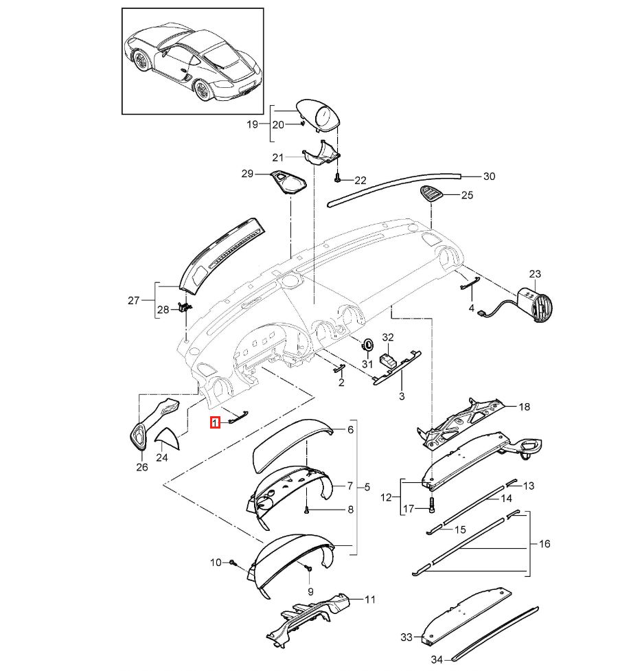 Porsche Cayman Boxster Dashboard Left Trim Cover Black (98755238101) — view 4